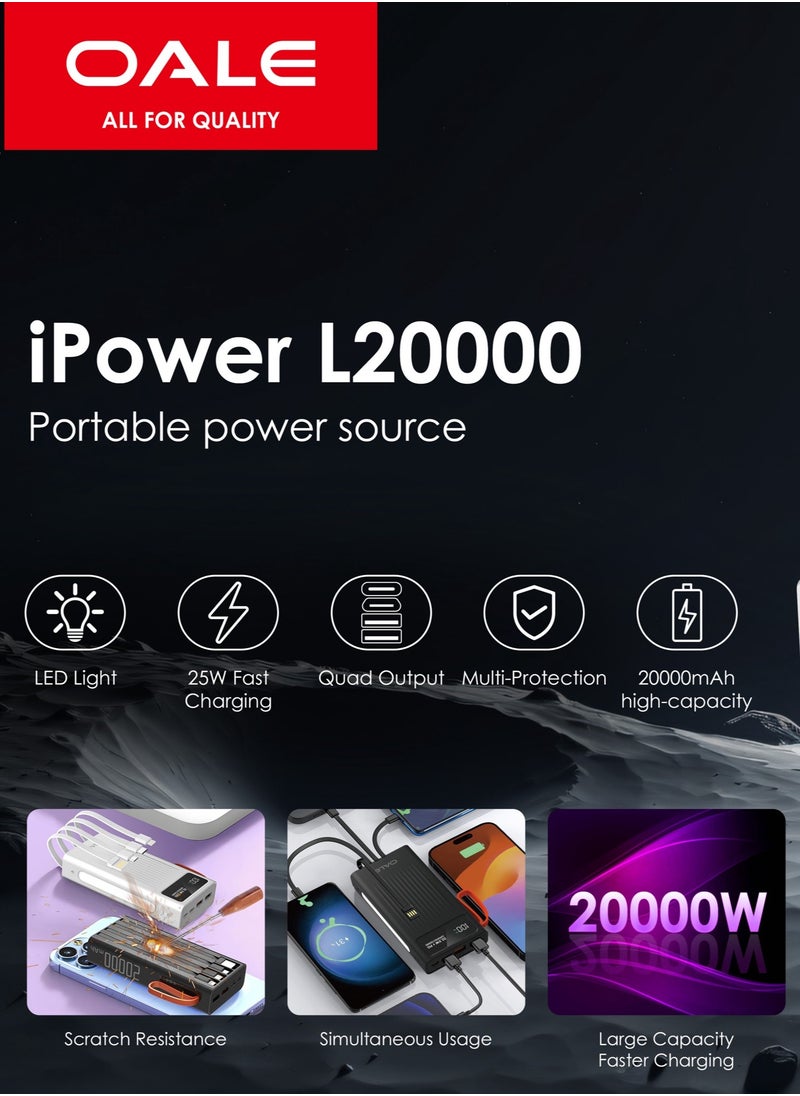OALE Power Bank with Built in Cables, 20,000mAh, 22.5w PD fast charging, 4 output ports ports, supports iPhone and Samsung Galaxy fast charging (Black)  - Image 2