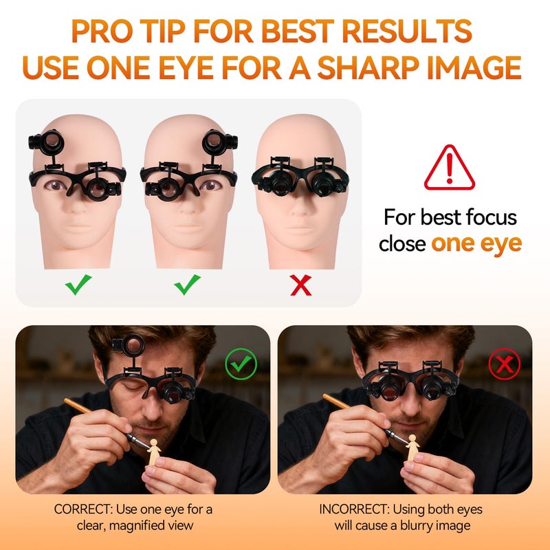 mlogiroa Head Mount Magnifying Glass with LED Light, Jewelers Loupe Magnifier with 8 Interchangeable Lens 2.5X/4X/6X/8X/10X/15X/ 20X/25X for Close Work/Electronics/Eyelash/Crafts/Jewelry/Repair - Image 4