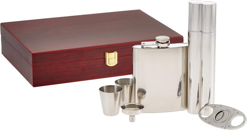 Gorham Stainless Steel Flask & Cigar Set with Wooden Gift Box - Image 3