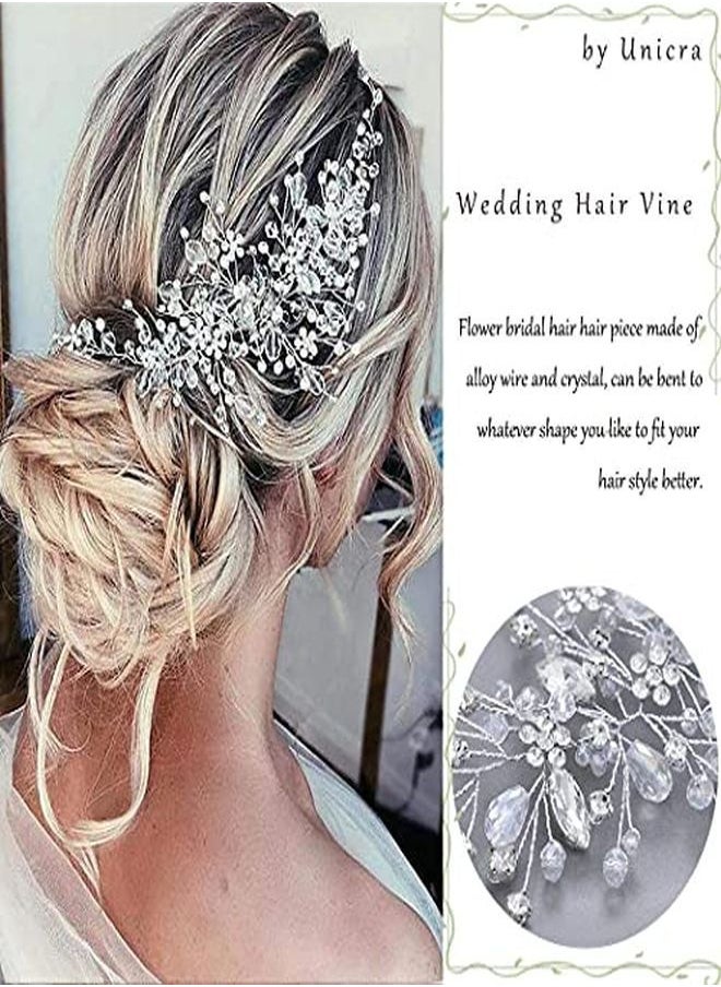 Unicra Bride Flower Wedding Hair Vine Crystal Bridal Hair Piece Rhinestone Party Hair Accessories Leaf Hair Jewelry Bead Headpiece For Women And Girls (Silver)  - Image 3