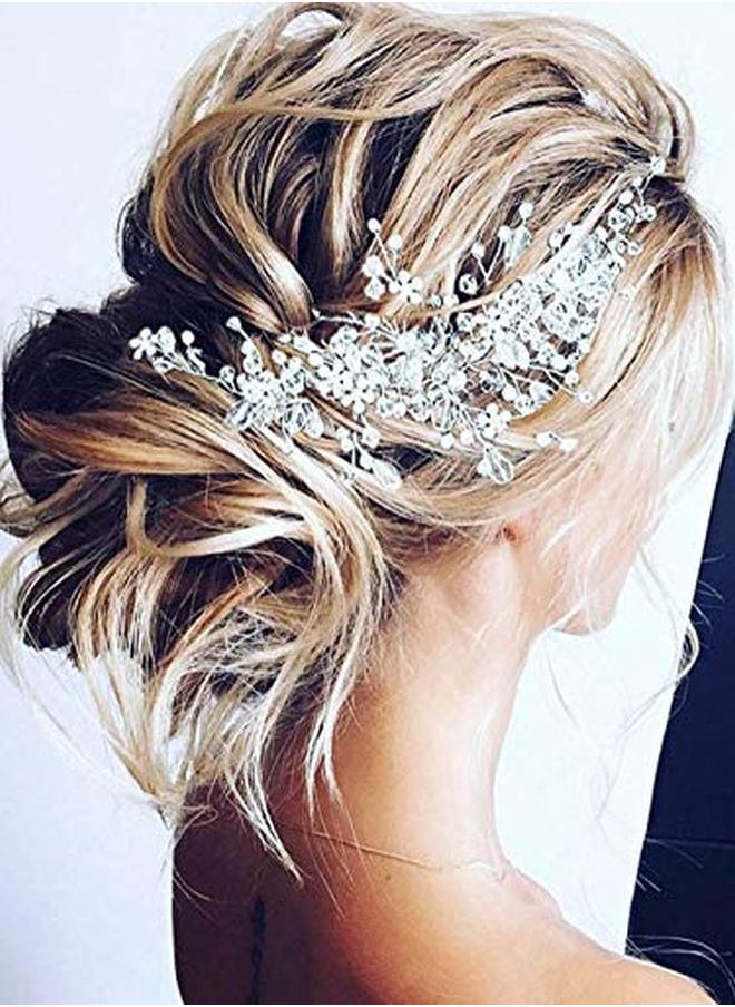 Unicra Bride Flower Wedding Hair Vine Crystal Bridal Hair Piece Rhinestone Party Hair Accessories Leaf Hair Jewelry Bead Headpiece For Women And Girls (Silver)  - Image 1