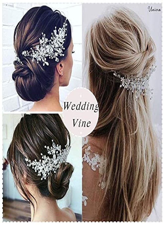 Unicra Bride Flower Wedding Hair Vine Crystal Bridal Hair Piece Rhinestone Party Hair Accessories Leaf Hair Jewelry Bead Headpiece For Women And Girls (Silver)  - Image 5
