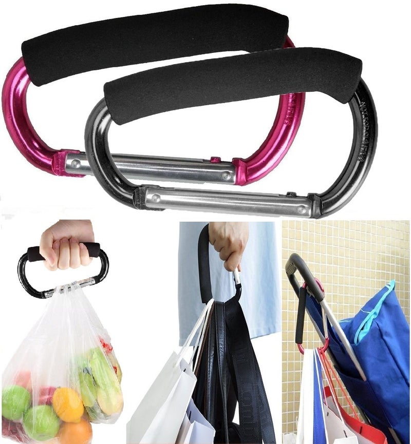Newraturner Large Stroller Hooks for Mommy, 2 pcs Carabiner Stroller Hook Organizer for Hanging Purses, Diaper Bag, Shopping Bags. Clip Fits Single/Twin Travel Systems, Car Seats (Black+Rose) - Image 1