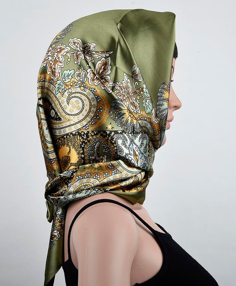 corciova Large Square Satin Silk Like Lightweight Scarf Hair Wrap Women Olive Totem Curly Headband Fashion Bandana Headscarf - Image 3