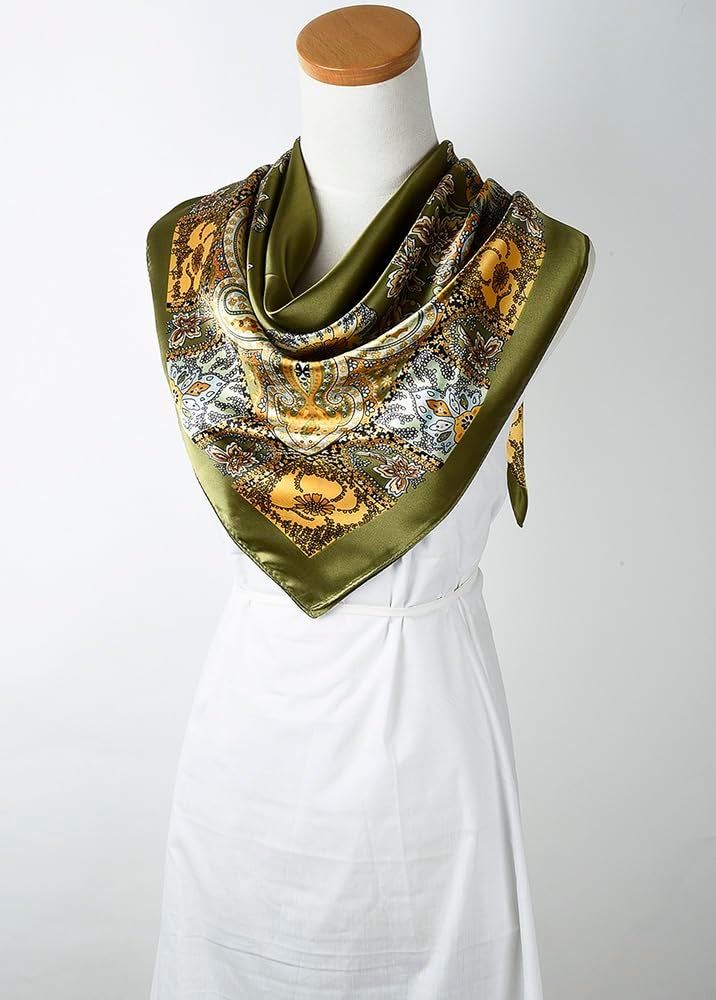 corciova Large Square Satin Silk Like Lightweight Scarf Hair Wrap Women Olive Totem Curly Headband Fashion Bandana Headscarf - Image 4