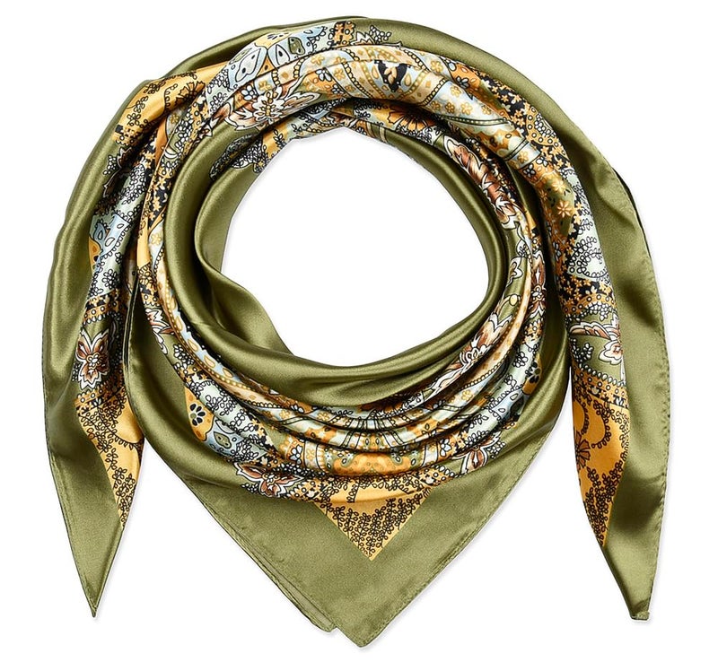corciova Large Square Satin Silk Like Lightweight Scarf Hair Wrap Women Olive Totem Curly Headband Fashion Bandana Headscarf - Image 1
