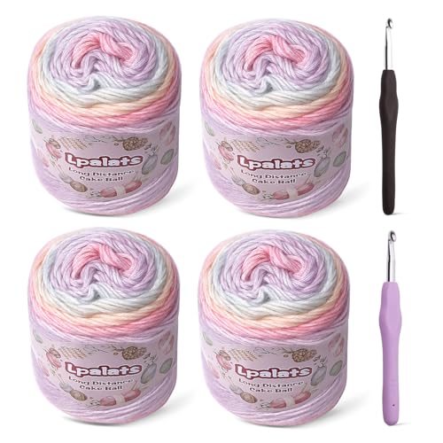 Lpalats Ombre Yarn for Crocheting - 4x100g Soft 60% Cotton 30% Acrylic 10% Wool Yarn - 962 Yds Gradient Cake Yarns for Knitting Shawls Blankets Sweater with 2 Crochet Hooks (4, Colour Gradient) - Image 1