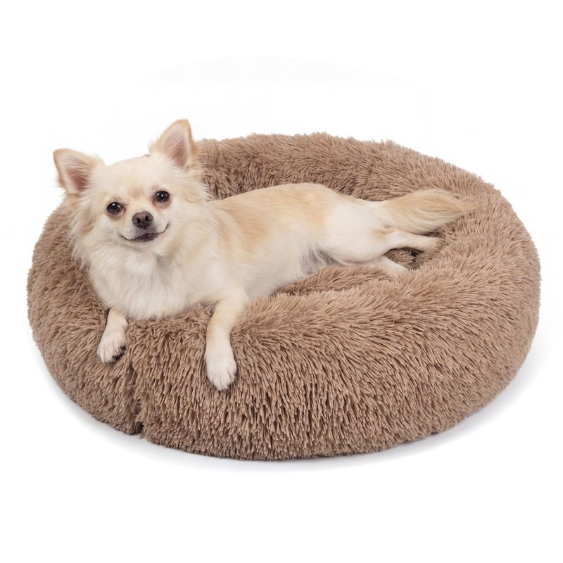 nononfish Calming Donut Dogs Beds for Small Dogs Washable,19inch Fluffy Round Puppy Bed for Puppies,Cats & Toy Breeds with Raised Rim,Fits up to 15 lbs Pets,Camel - Image 1