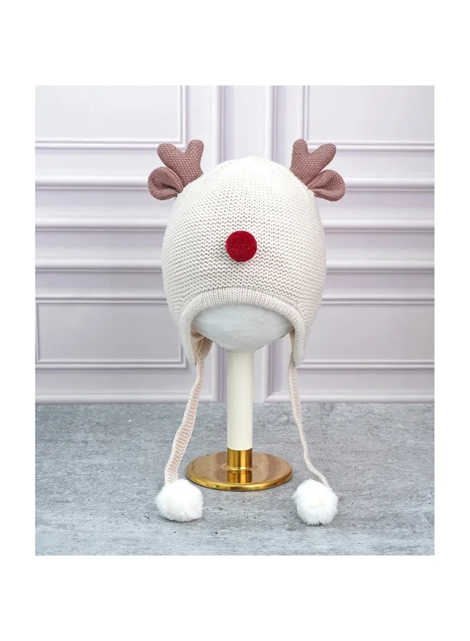 LITTLE SURPRISE BOX Cream Baby Antler Knitted Soft Woolen Winter Cap With Tie Up 6-18 Months