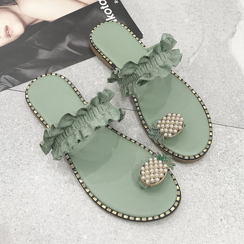 size plus size women''s shoes 2022 summer new pineapple rhinestone sandals women''s outer wear flat beach shoes - Image 1