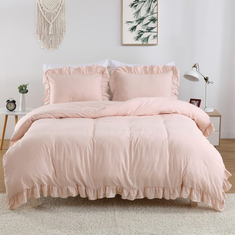 CAROMIO Pink Ruffle Duvet Cover Queen Size, 3PCS Soft Washed Microfiber Vintage French Country Duvet Cover Set for Queen Bed, Pink, 90x90 in - Image 1