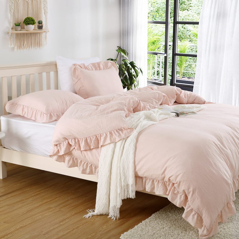 CAROMIO Pink Ruffle Duvet Cover Queen Size, 3PCS Soft Washed Microfiber Vintage French Country Duvet Cover Set for Queen Bed, Pink, 90x90 in - Image 2