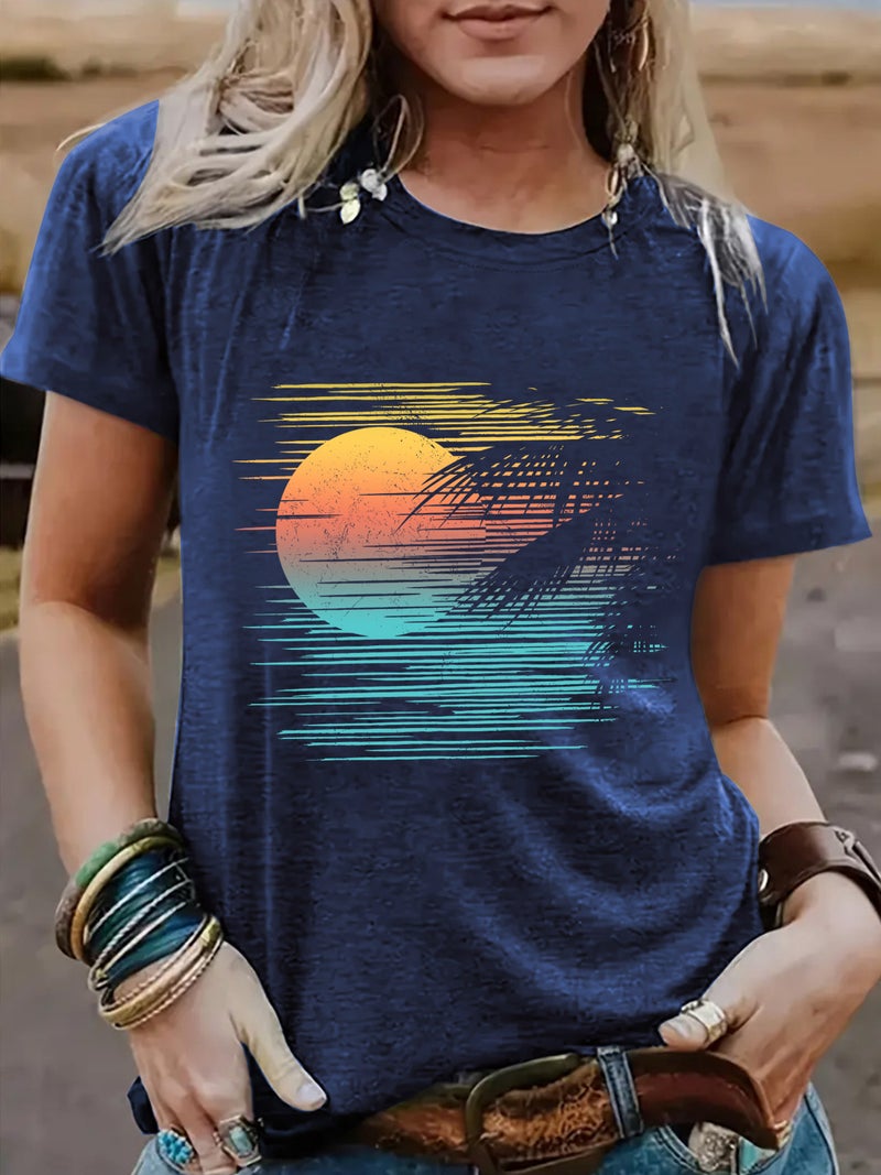 Summer Women'S Sunrise Pattern Round Neck Short Sleeve Casual Fashion T-Shirt E-Commerce Explosions - Image 4