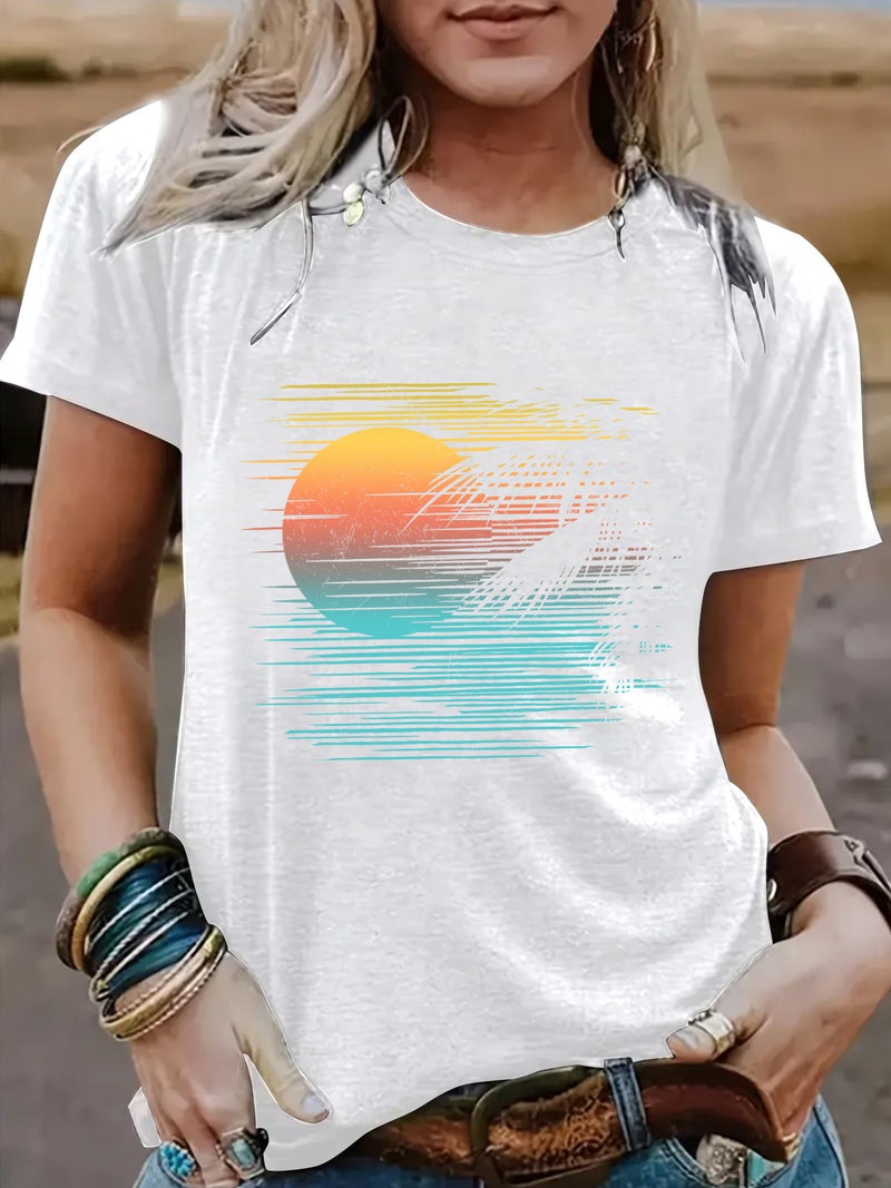 Summer Women'S Sunrise Pattern Round Neck Short Sleeve Casual Fashion T-Shirt E-Commerce Explosions - Image 3