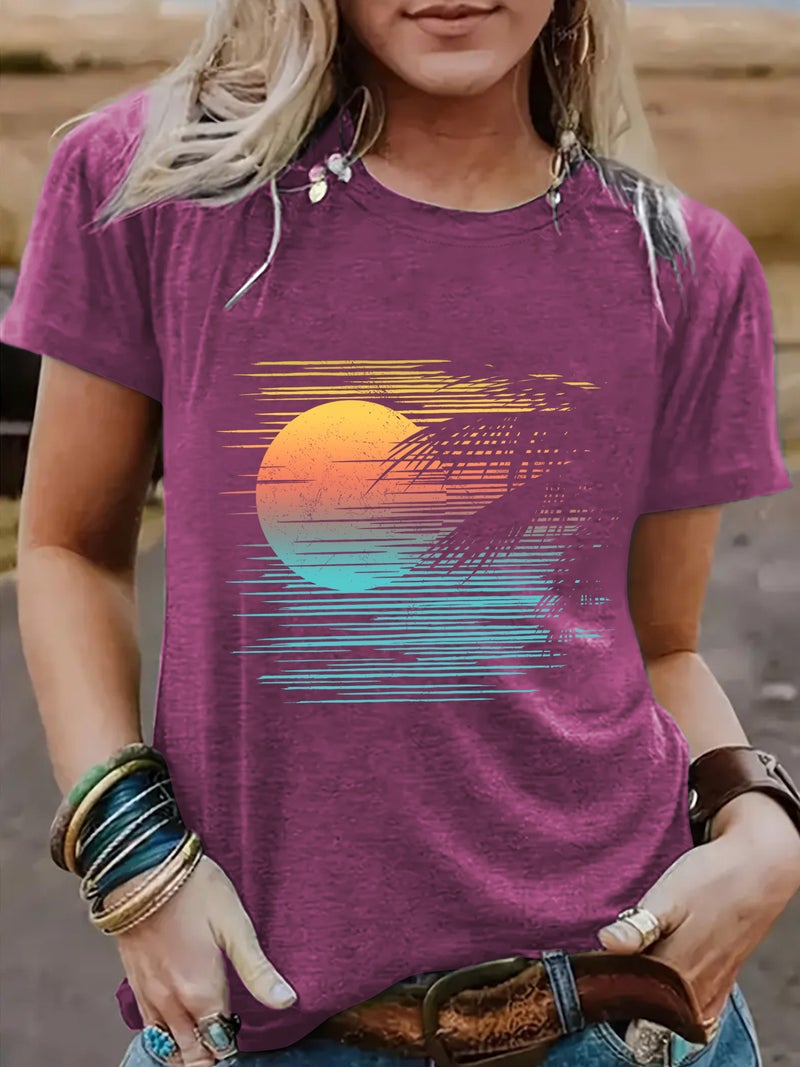 Summer Women'S Sunrise Pattern Round Neck Short Sleeve Casual Fashion T-Shirt E-Commerce Explosions - Image 2