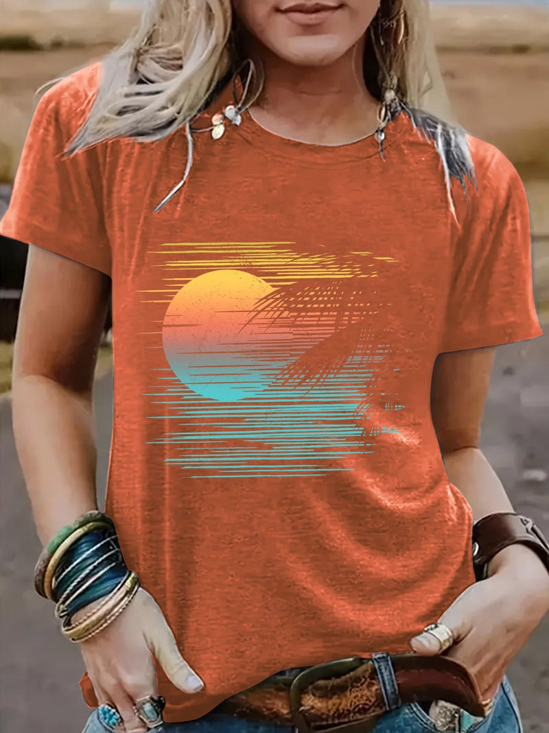 Summer Women'S Sunrise Pattern Round Neck Short Sleeve Casual Fashion T-Shirt E-Commerce Explosions - Image 1