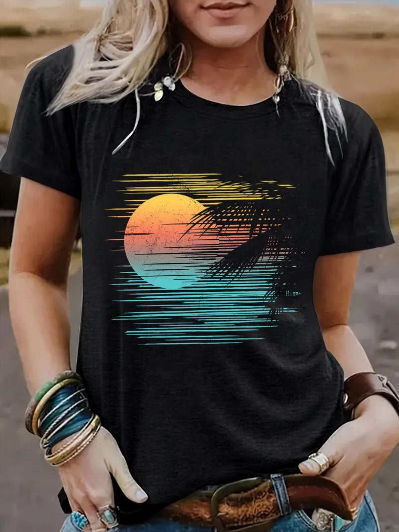 Summer Women'S Sunrise Pattern Round Neck Short Sleeve Casual Fashion T-Shirt E-Commerce Explosions - Image 5