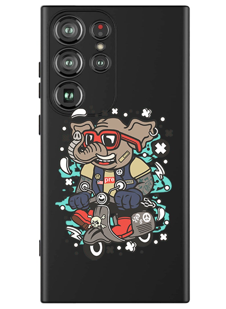 Theodor Protective Slim Fit Case Liquid Silicone Cover with Full Body Protection Anti-Scratch Shockproof Case For Samsung Galaxy S24 Ultra (Black) - Elephant on bike - Image 1