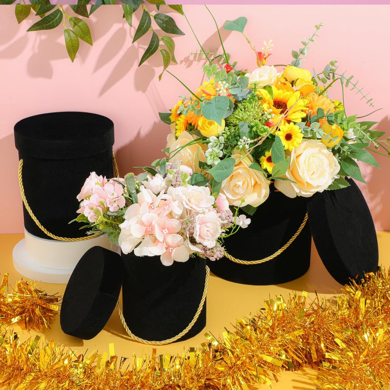 Uiifan 6 Pcs Velvet Round Flower Box with Lids Velvet Nesting Gifts Box with Handle for Valentine's Day Wedding Holiday Luxury Flower Gift Arrangement Bridesmaid Birthday Party Favor(Black) - Image 4