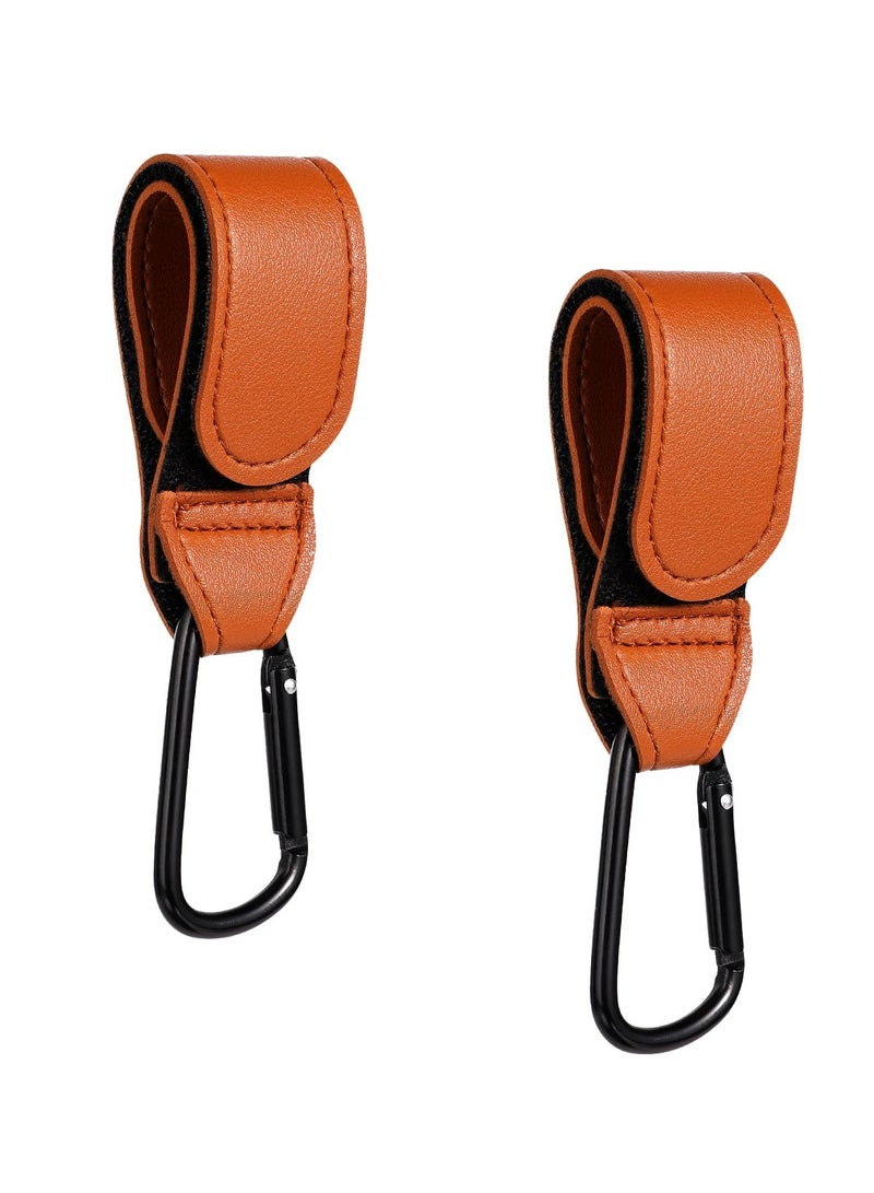 Oasisgalore 2pcs Leather-Style Baby Stroller Hooks - Adjustable Clips with Buckle Strap for Hanging Bags(Brown)  - Image 1