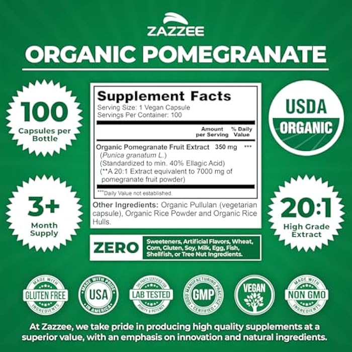 Zazzee USDA Organic Pomegranate 20:1 Extract, 40% Ellagic Acid, 100 Vegan Capsules, 3+ Month Supply, Punica Granatum, Antioxidant, Immune & Polyphenol Support, All-Natural, Non-GMO, Made in the USA - Image 3