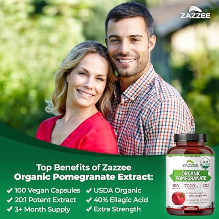 Zazzee USDA Organic Pomegranate 20:1 Extract, 40% Ellagic Acid, 100 Vegan Capsules, 3+ Month Supply, Punica Granatum, Antioxidant, Immune & Polyphenol Support, All-Natural, Non-GMO, Made in the USA - Image 4