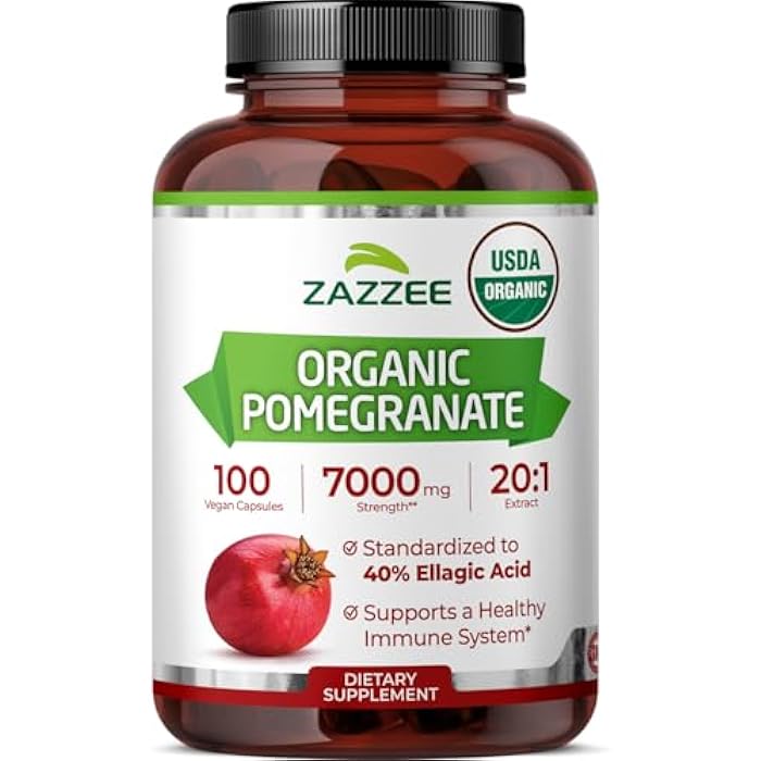 Zazzee USDA Organic Pomegranate 20:1 Extract, 40% Ellagic Acid, 100 Vegan Capsules, 3+ Month Supply, Punica Granatum, Antioxidant, Immune & Polyphenol Support, All-Natural, Non-GMO, Made in the USA - Image 1