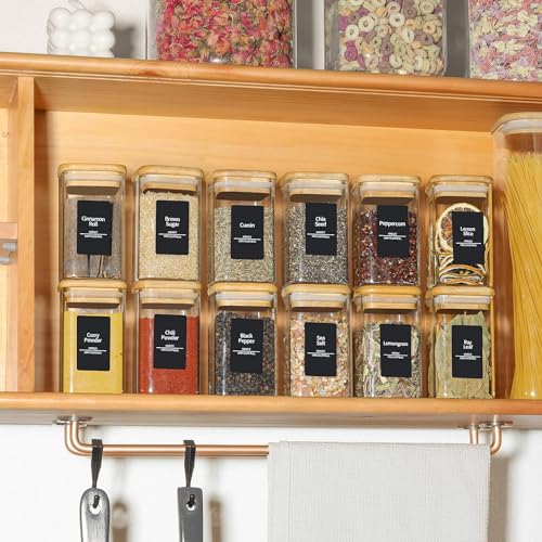 SILIVO Spice Jars with Airtight Bamboo Lid - 270ml Glass Spice Bottles, Set of 12 Seasoning Containers for Salt, Sugar, Coffee Beans - Set of 12 Square 270ml Jars with Wooden Lids - Image 4