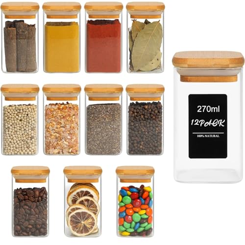 SILIVO Spice Jars with Airtight Bamboo Lid - 270ml Glass Spice Bottles, Set of 12 Seasoning Containers for Salt, Sugar, Coffee Beans - Set of 12 Square 270ml Jars with Wooden Lids - Image 1