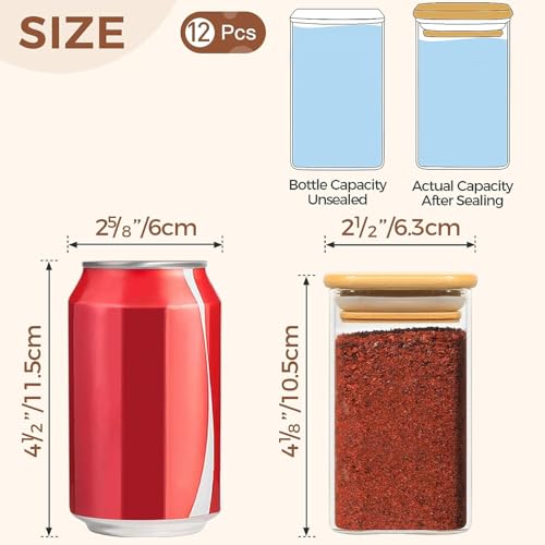 SILIVO Spice Jars with Airtight Bamboo Lid - 270ml Glass Spice Bottles, Set of 12 Seasoning Containers for Salt, Sugar, Coffee Beans - Set of 12 Square 270ml Jars with Wooden Lids - Image 3