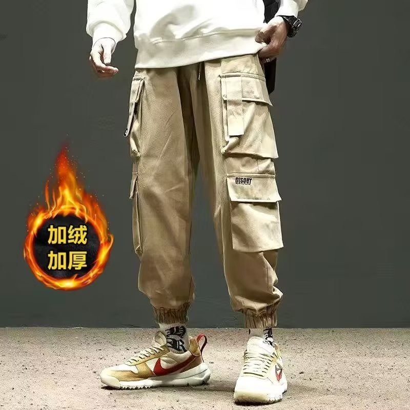 Autumn and winter mens loose overalls fleece-lined thickened fashion brand versatile plus size casual pants wear-resistant multi-pocket trousers Green [fleece-lined]] - Image 5