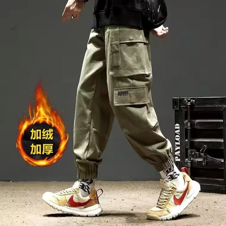 Autumn and winter mens loose overalls fleece-lined thickened fashion brand versatile plus size casual pants wear-resistant multi-pocket trousers Green [fleece-lined]] - Image 1