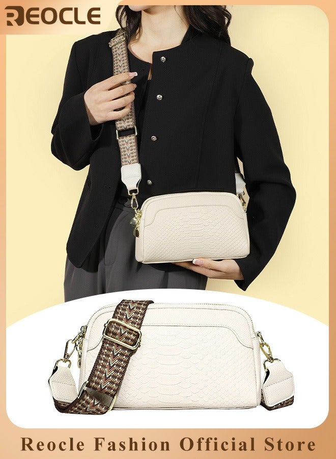 REOCLE Crossbody Purse Bags for Women Trendy First Layer Cowhide Leather Woven Small Crossover Shoulder Bag with Detachable Guitar Strap White  - Image 1