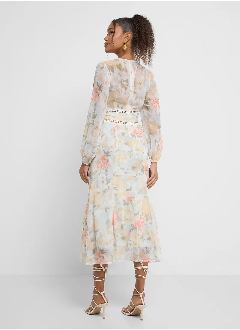 Ginger V Neck Floral Midi Dress With Balloon Sleeves