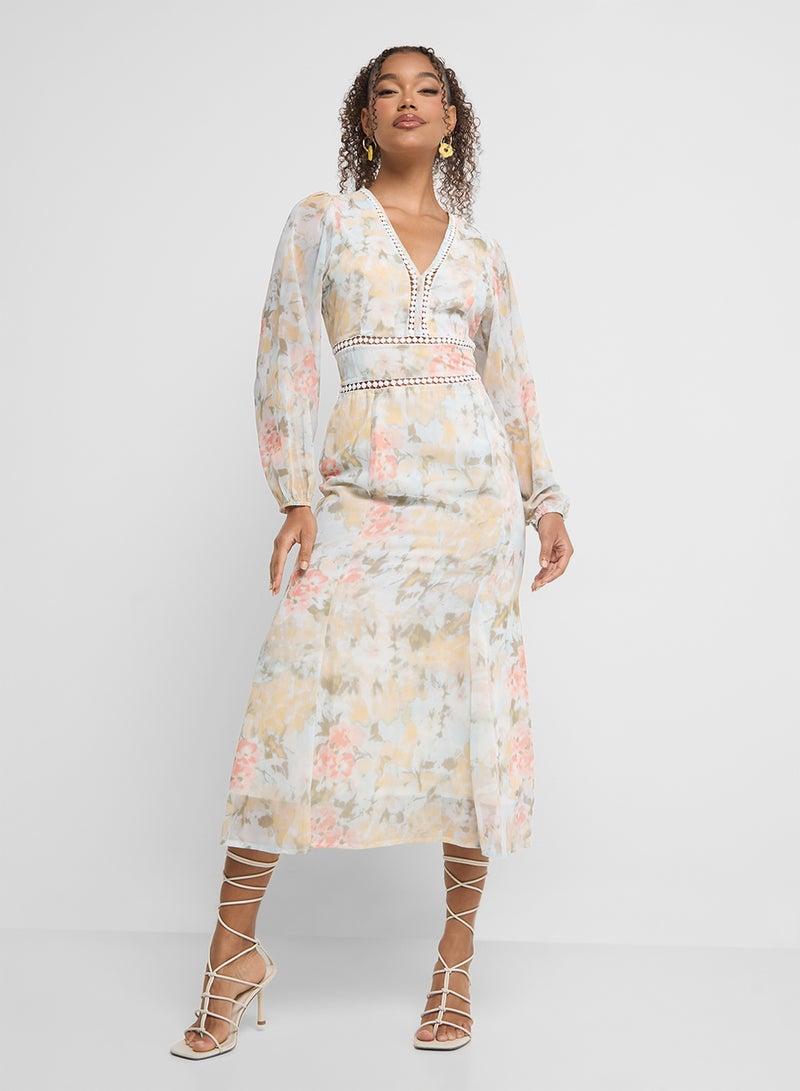 Ginger V Neck Floral Midi Dress With Balloon Sleeves - Image 1