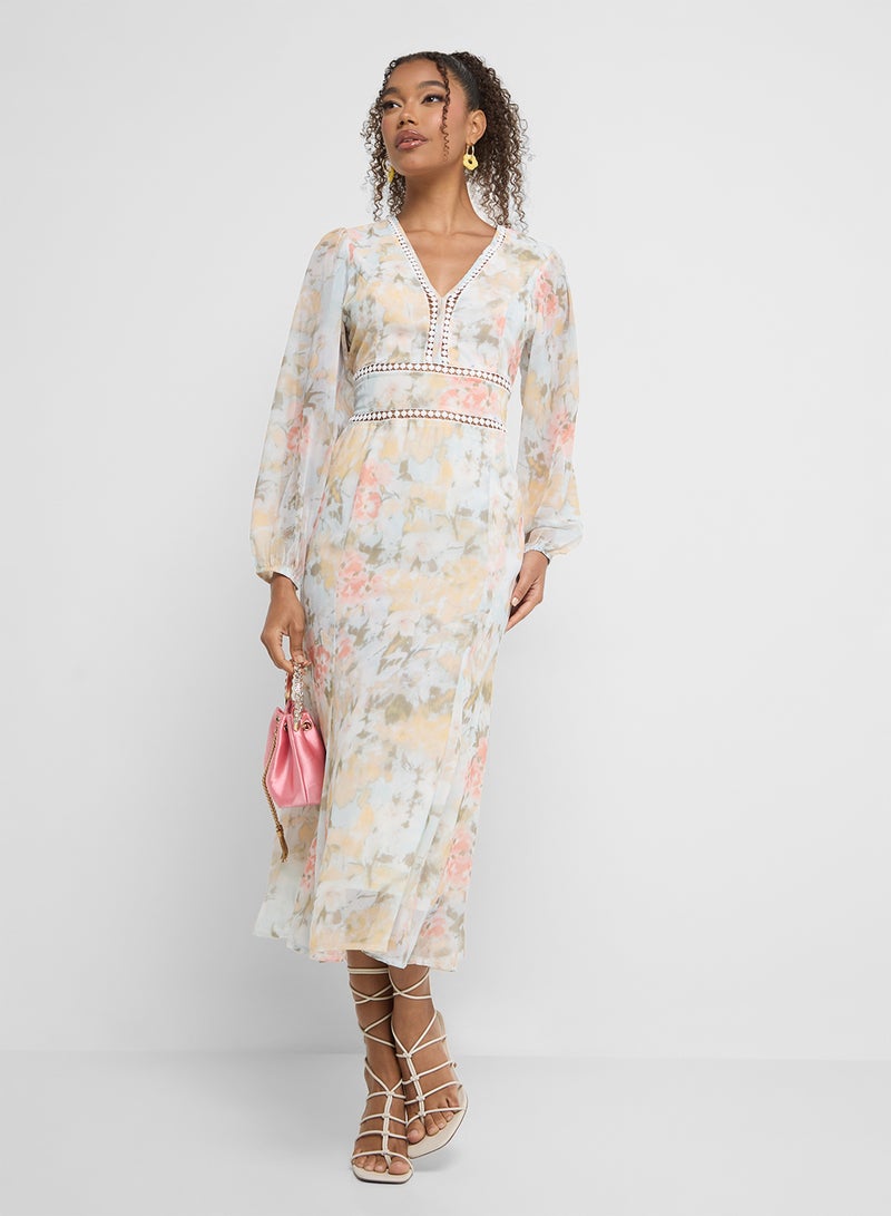 Ginger V Neck Floral Midi Dress With Balloon Sleeves - Image 4