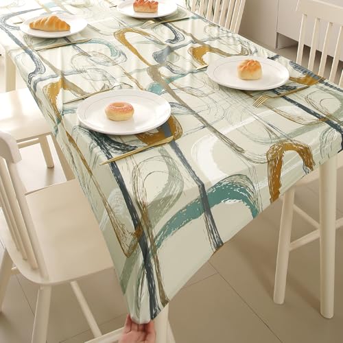 HOKIPO 'Elira Series' Stretch Fit Water-Repellent & Anti-Slip Table Cloth for 6 Seater, Size 63X35 inch, Parchement Beige Abstract Art (AR-5943-C6) - Image 1