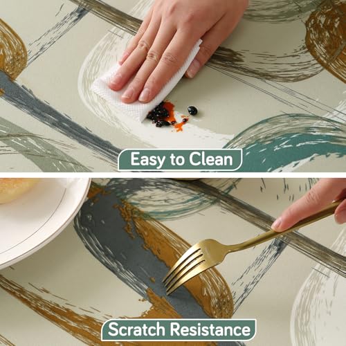 HOKIPO 'Elira Series' Stretch Fit Water-Repellent & Anti-Slip Table Cloth for 6 Seater, Size 63X35 inch, Parchement Beige Abstract Art (AR-5943-C6) - Image 5