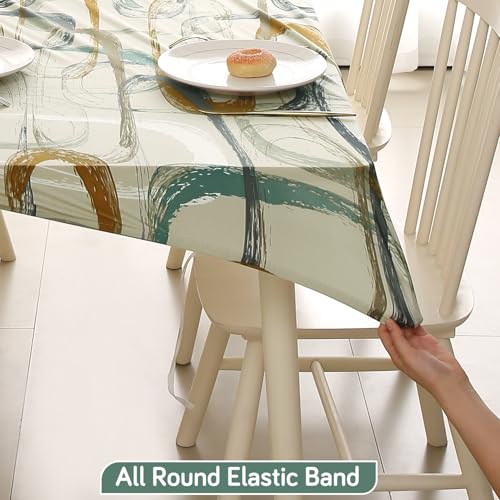 HOKIPO 'Elira Series' Stretch Fit Water-Repellent & Anti-Slip Table Cloth for 6 Seater, Size 63X35 inch, Parchement Beige Abstract Art (AR-5943-C6) - Image 2