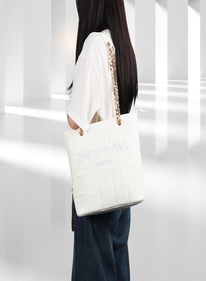 Chinllo Tote Bag for Women, Medium Top Handle Handbags Purse, White-quilted, Medium - Image 2