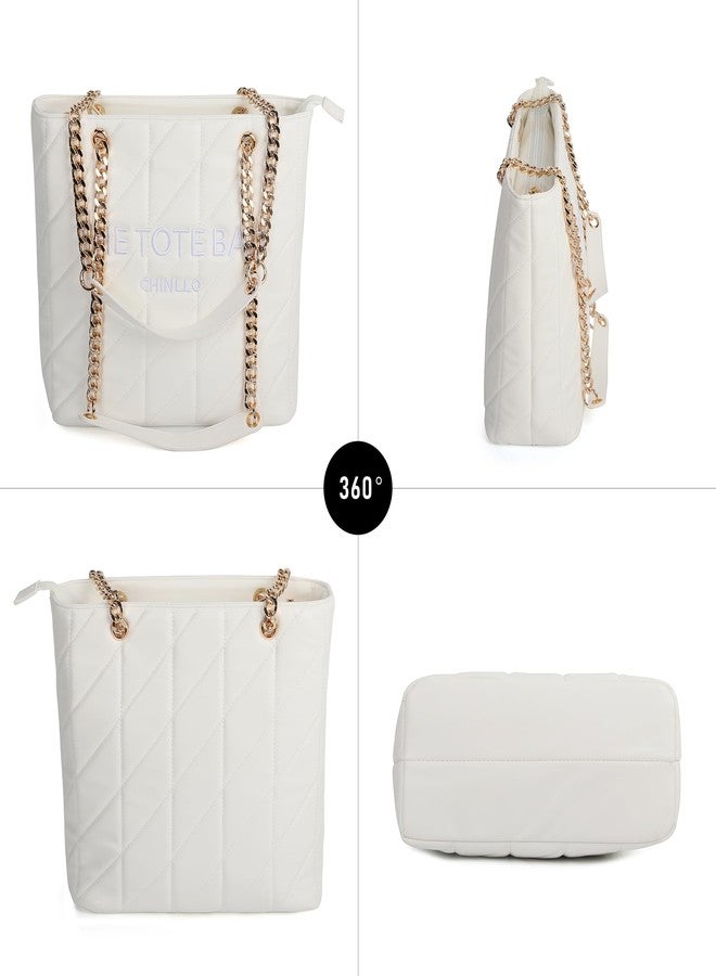 Chinllo Tote Bag for Women, Medium Top Handle Handbags Purse, White-quilted, Medium - Image 5