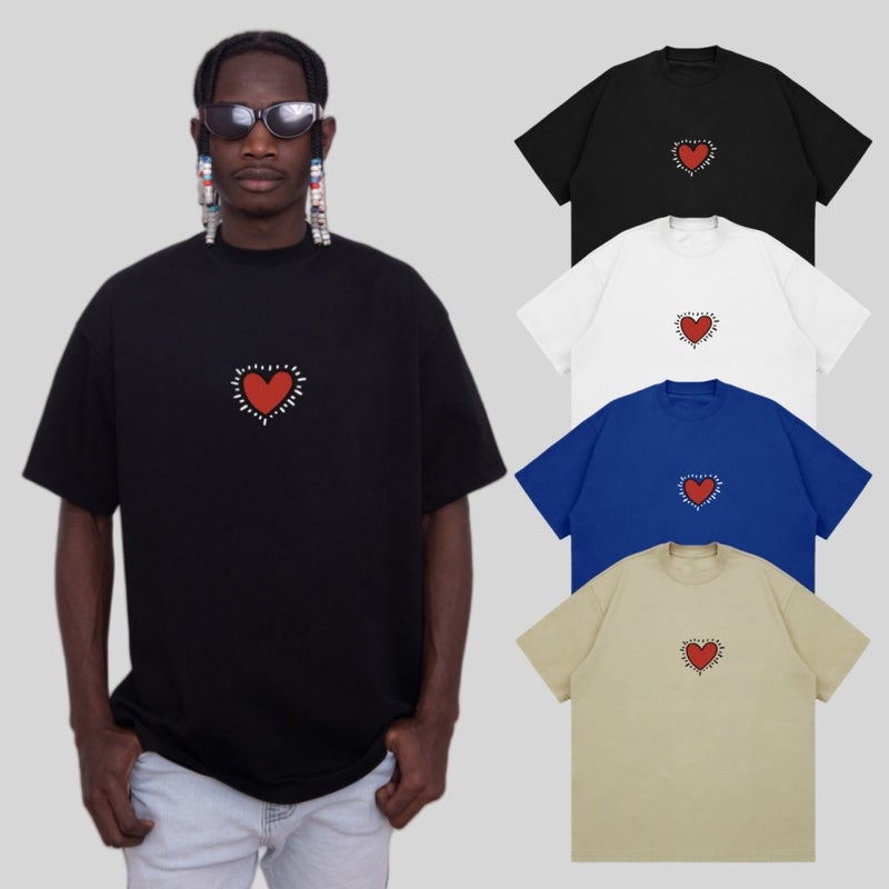 Creative Love Printing Men'S Short-Sleeved Trendy Design Sense Niche Top Loose Crewneck Creative T-Shirt - Image 3