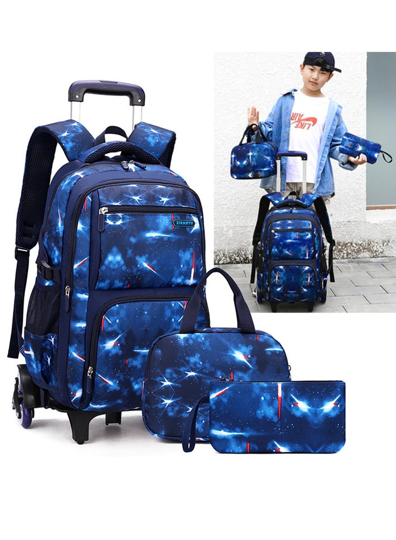 ZIRANYU حقيبة ظهر بعجلات للأولاد، حقيبة ظهر بعجلات للأطفال، مناسبة للأولاد، حقيبة عربة، حقيبة مدرسية بعجلات مع حقيبة غداء، حقيبة قرطاسية (أزرق) - Image 1
