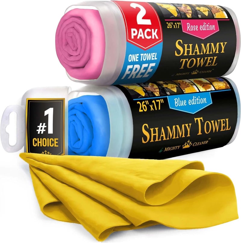 Mighty Cleaner Premium 2pk +1 Free Shammy Cloth for Car Drying - 26"x17" - Super Absorbent Chamois Towel - Scratch-Free, Reusable & Soft Wash Cloth - Car Drying Towels - Image 1