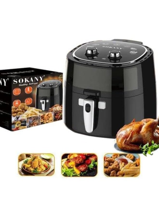 قلاية هوائية Sokany SK-8016 – سعة 8.0 لتر كبيرة جدًا، بقوة 1800 وات، طهي صحي بدون زيت، تصميم باللون الأسود، تحكم بدرجة الحرارة والمؤقت، 220 فولت/50 هرتز، متعددة الاستخدامات للقلي، الخبز، الشوي والتحميص
