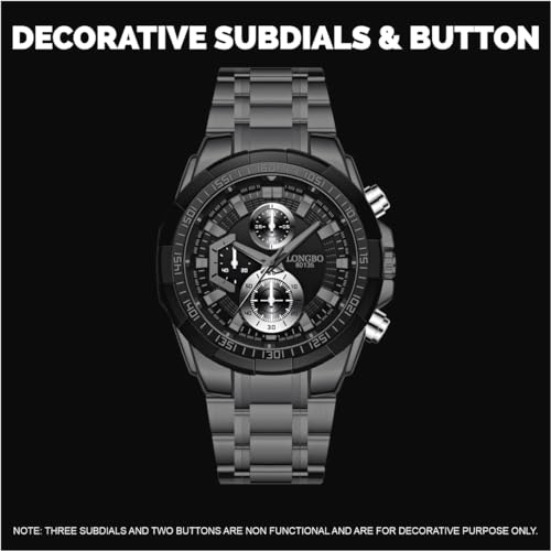 LONGBO Analog Business Casual Stainless Steel Decorative Subdials Watch for Men (Black Dial Silver Colored Strap) - Image 3
