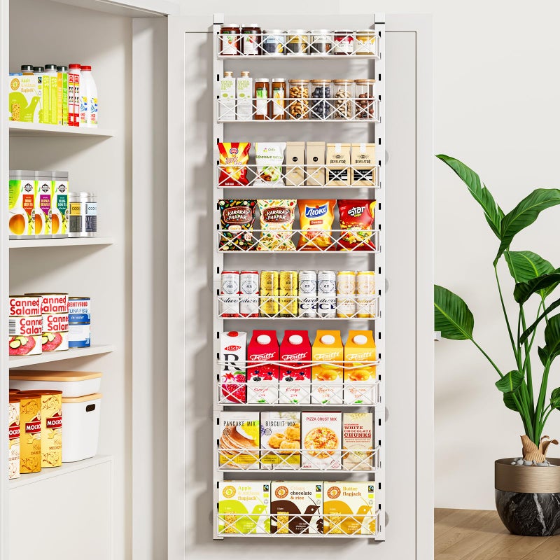 MIAOLI Over the Door Organizer, White 8-Tier Pantry Door Organizer with Adjustable Basket, Hanging Spice Rack Cabinet Door Shelves, Laundry Room Organization and Storage - Image 1