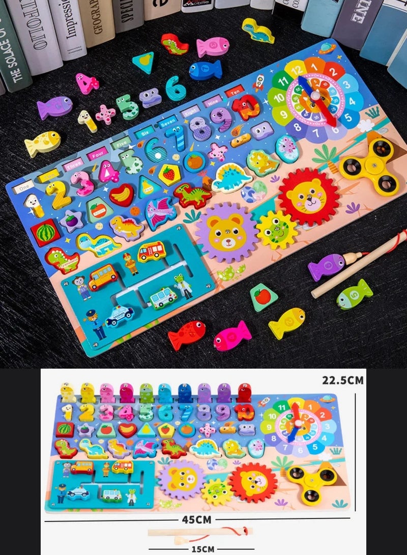لوحة متعددة الوظائف ألعاب مونتيسوري التعليمية أرقام الصيد ولوحة مطابقة الشكل ديناصور خشبي مشغول - Image 1