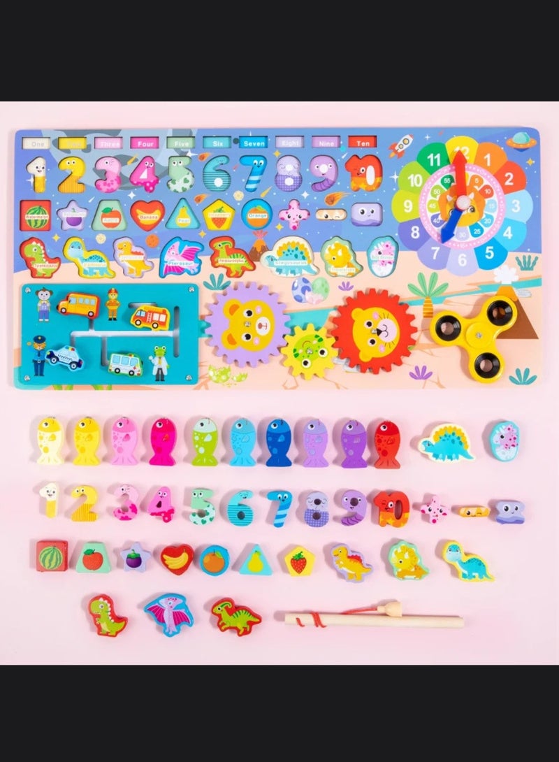 لوحة متعددة الوظائف ألعاب مونتيسوري التعليمية أرقام الصيد ولوحة مطابقة الشكل ديناصور خشبي مشغول - Image 2