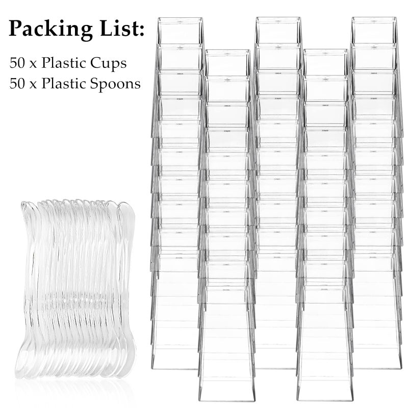 TOFLEN 50 Pack 3 oz Square Mini Dessert Cups with Spoons Clear Plastic Dessert Shooter Cups for for Party, Yogurt, Parfait, Cheesecake, Pudding, Jello and Appetizers - Image 3